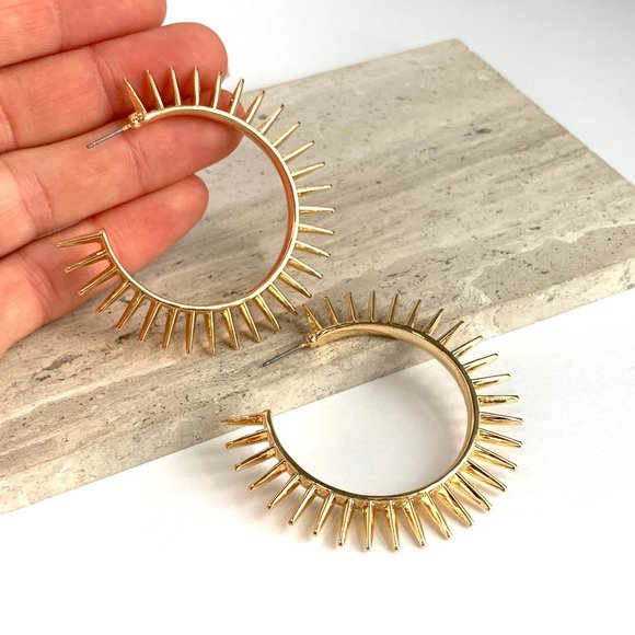 NEW ~ Anthropologie Gold Spiked Hoop Earrings - Picture 7 of 10